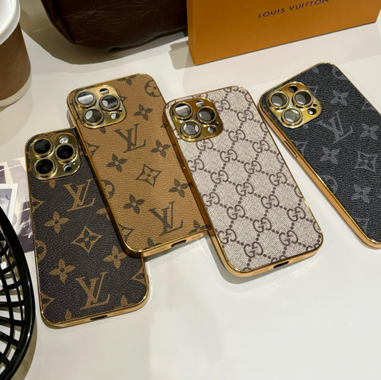 Luksus klassisk monogram iPhone-deksel med galvaniserte gullkanter