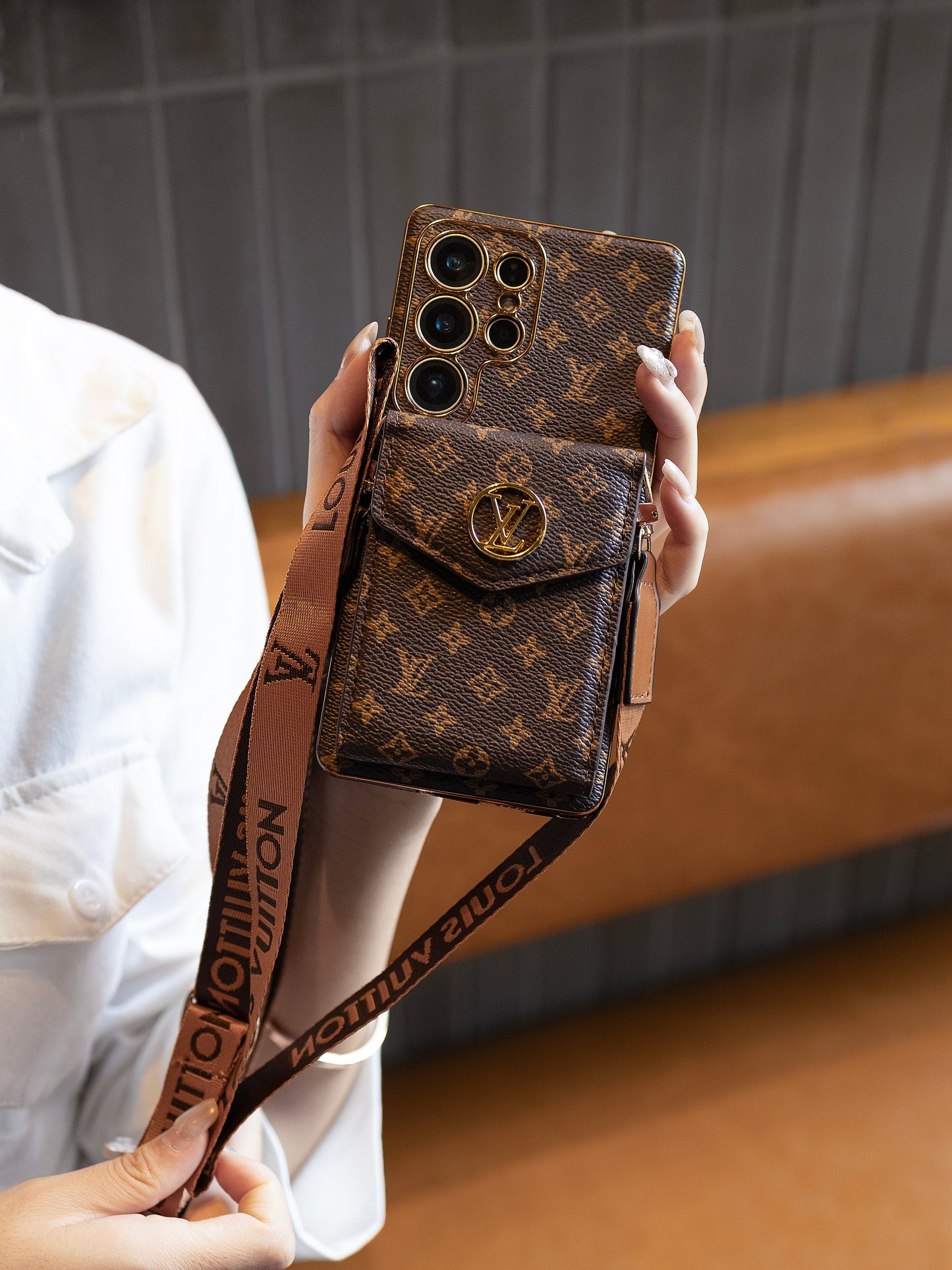 Luxury Classic Leather Samsung Case With Card Wallet And Strap