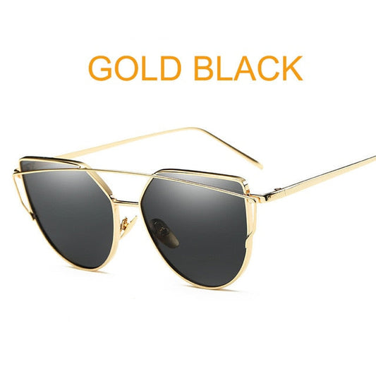 Gafas de sol con espejo de oro rosa para mujer, lentes planas reflectantes de Metal, estilo ojo de gato, marca Vintage de diseñador, gafas de sol femeninas