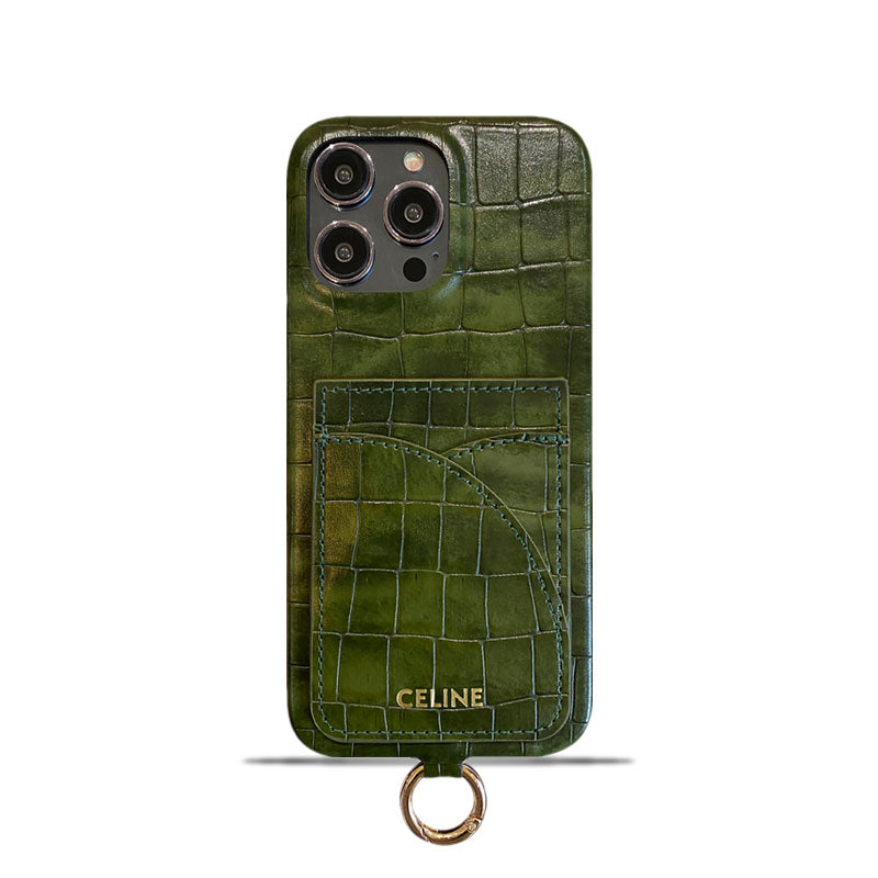 Alligator Print Celine iPhone tok kártyatartóval és szíjjal, zöld -EYP241415