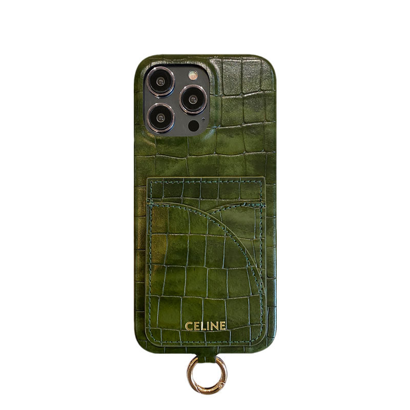 Alligator Print Celine iPhone tok kártyatartóval és szíjjal, zöld -EYP241415