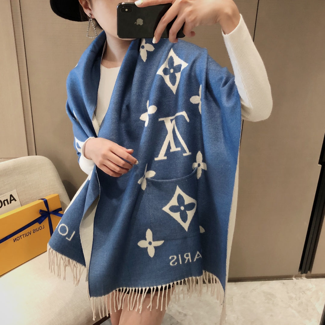 New Brand Pocket Scarf, Double-sided Jacquard Scarf with Long Fringes