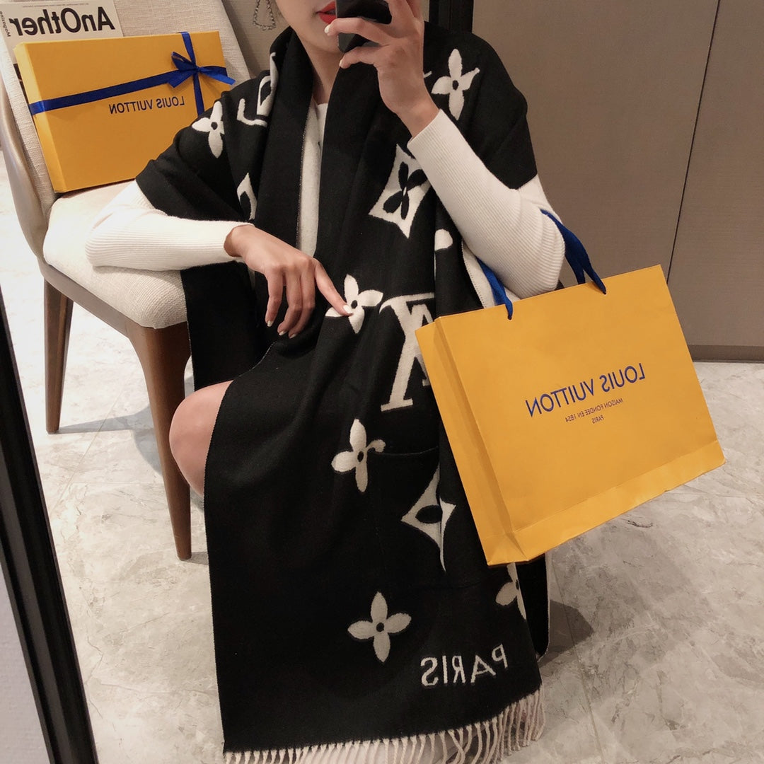 New L-brand pocket scarf, double-sided jacquard with long tassels