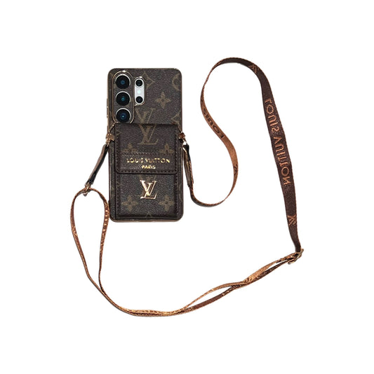 Funda de lujo para teléfono Samsung de cuero avanzado con billetera y correa.