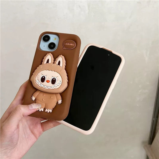 Søt tegneserie Labubu Zimomo silikon med stativ | Brun/rosa - iPhone-deksel