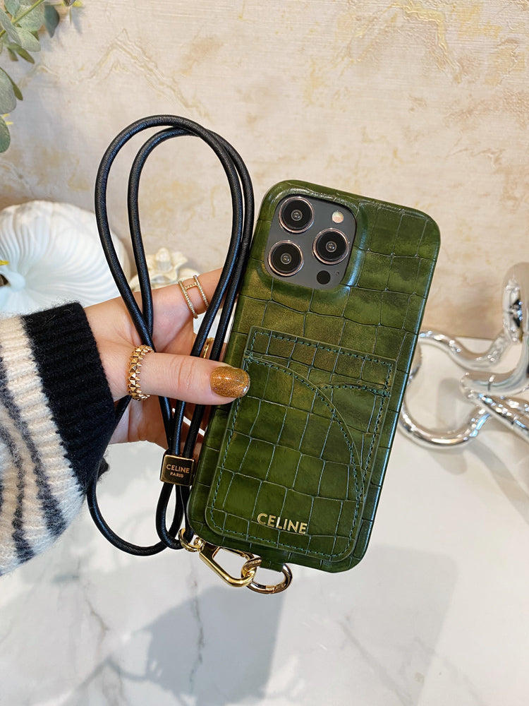 Alligator Print Celine iPhone tok kártyatartóval és szíjjal, zöld -EYP241415