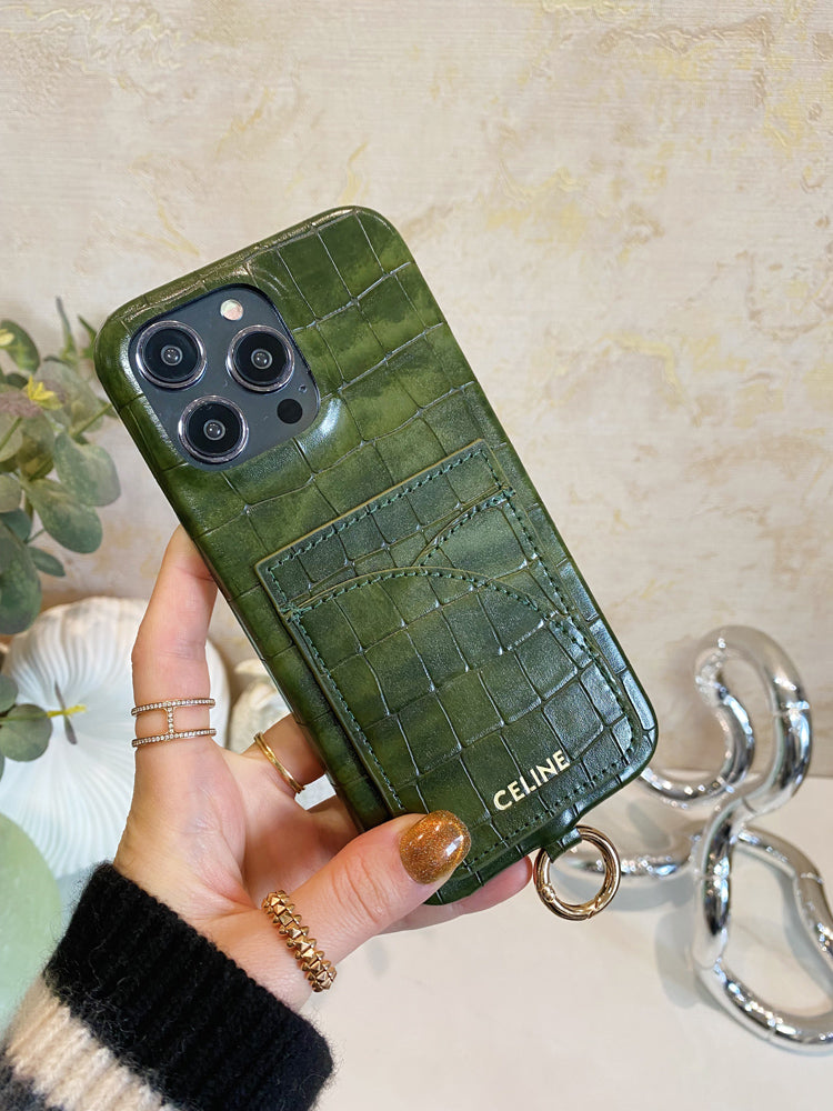 Alligator Print Celine iPhone tok kártyatartóval és szíjjal, zöld -EYP241415