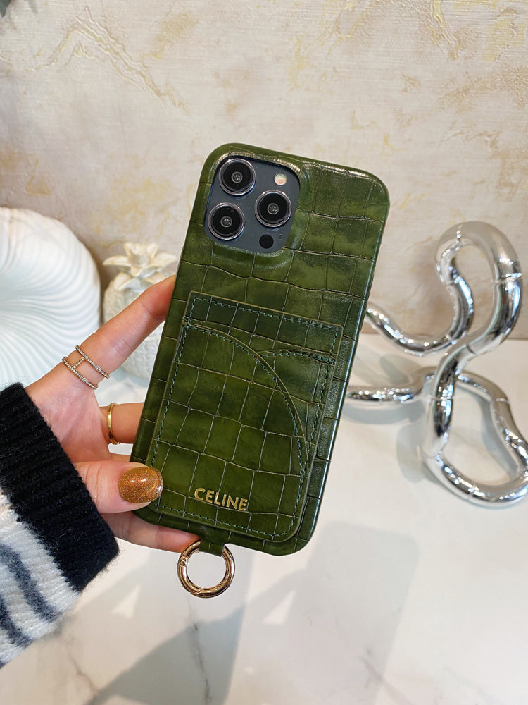 Alligator Print Celine iPhone tok kártyatartóval és szíjjal, zöld -EYP241415