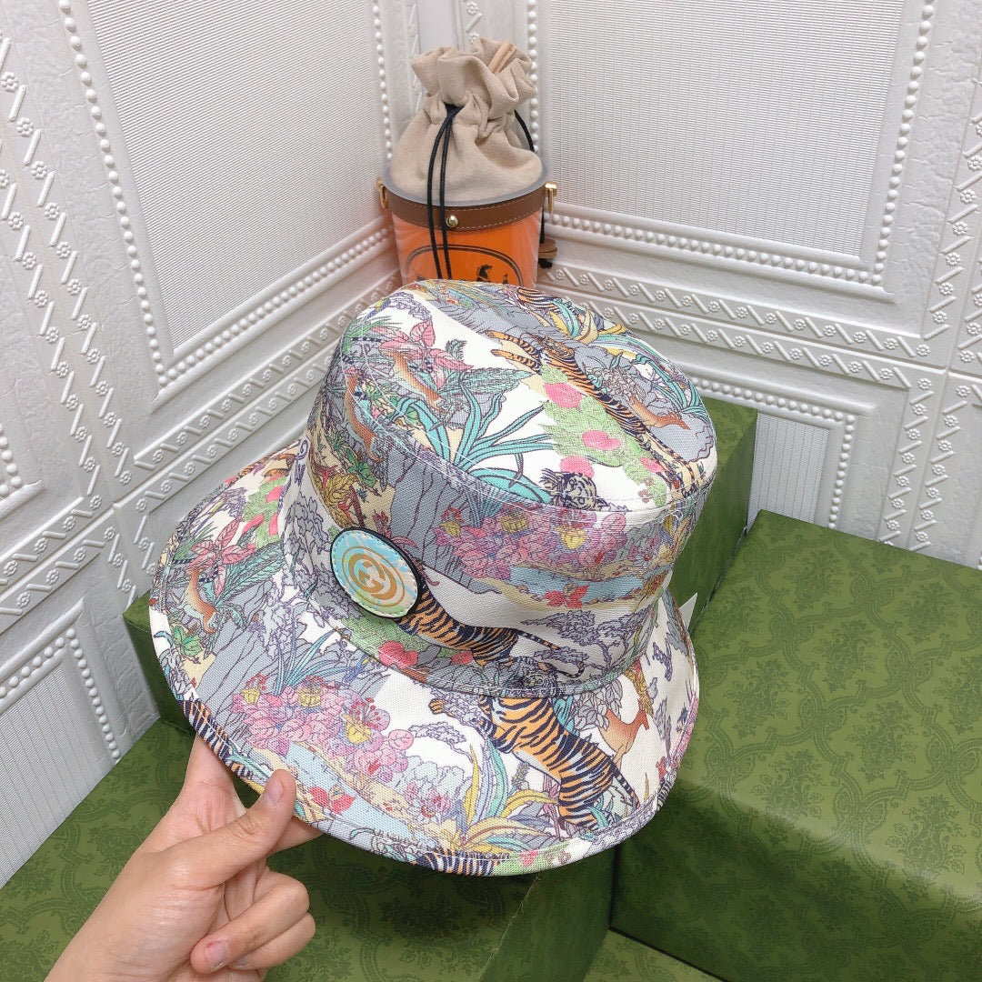 Cappello da pescatore classico in cotone tigre floreale | Cappello da pescatore botanico di design di lusso