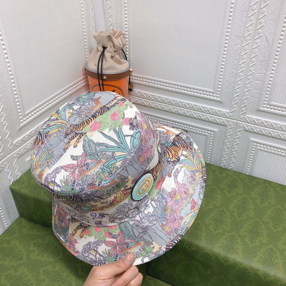 Cappello da pescatore classico in cotone tigre floreale | Cappello da pescatore botanico di design di lusso