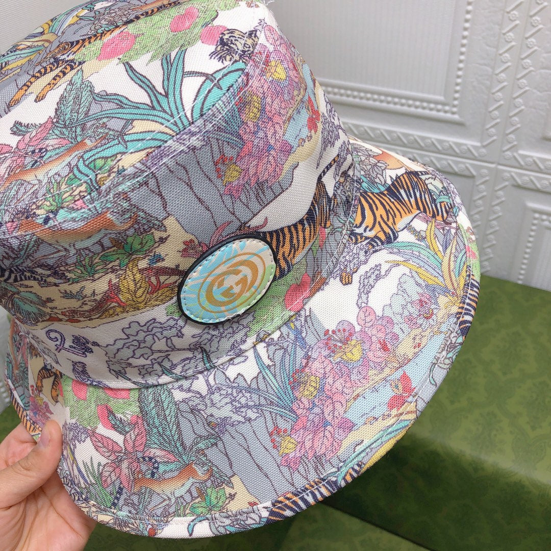 Cappello da pescatore classico in cotone tigre floreale | Cappello da pescatore botanico di design di lusso