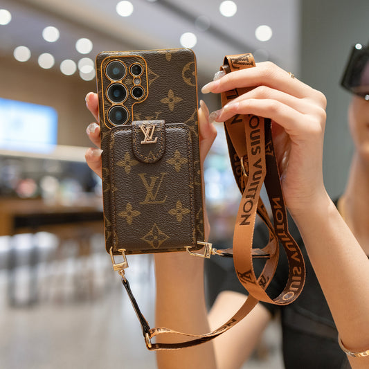 Funda de cuero avanzada para teléfono Samsung con billetera y correa.