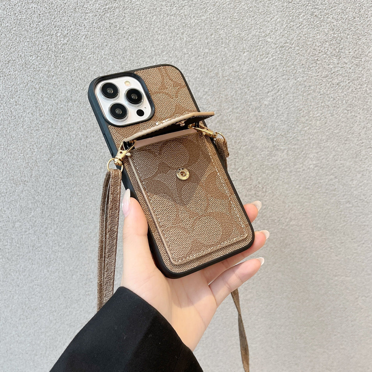 Klassisk iPhone-deksel med kortholder og stropp Lysebrun -SJ240513
