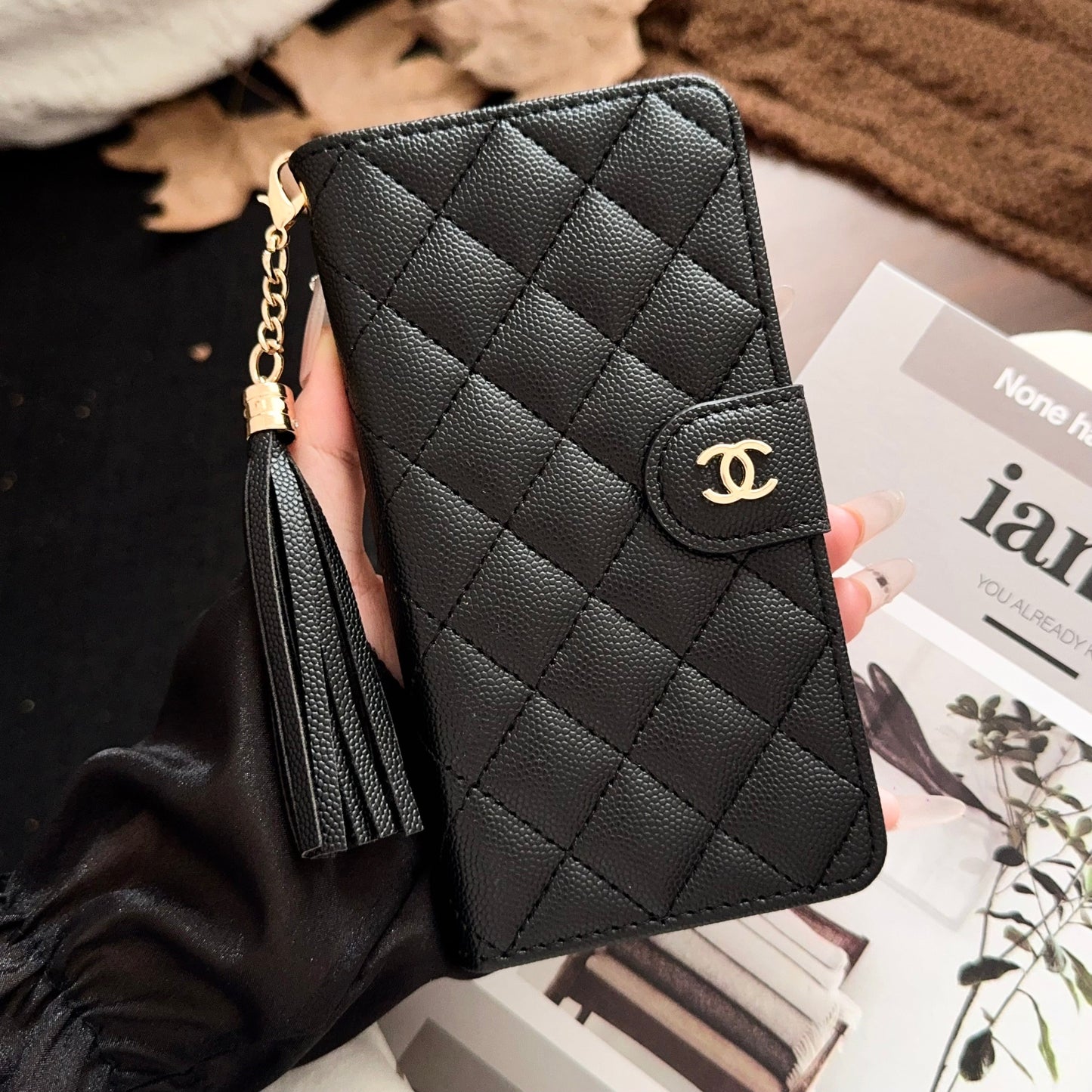 Luxury Quilted Wallet iPhone Case with Tassel & Gold Clasp