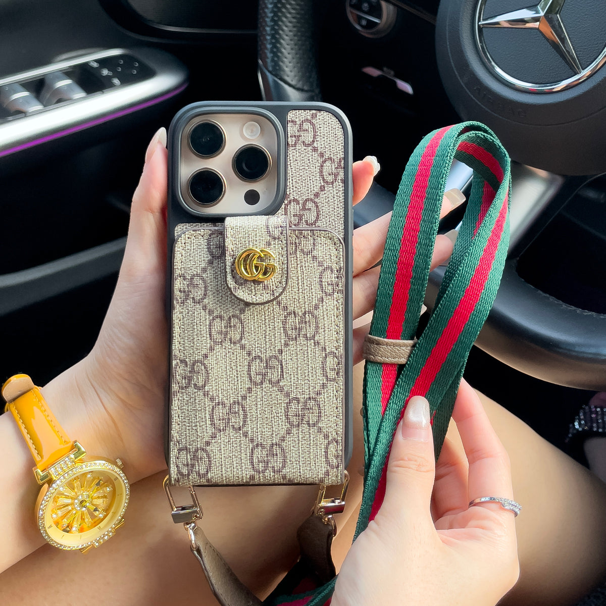 Luxuriöse iPhone-Hülle zum Umhängen mit Kartenhalter und Riemen
