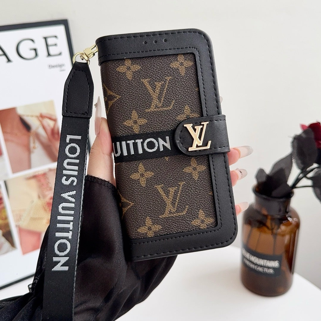 Luxury Luxury Pattern Wallet iPhone Case with Card Holder and Strap