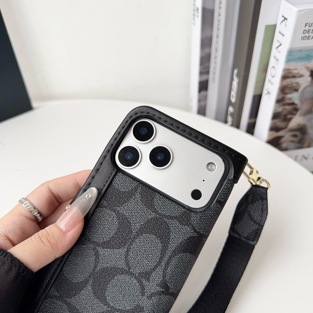 CO Luksusowe etui z portfelem na iPhone'a z uchwytem na kartę i paskiem