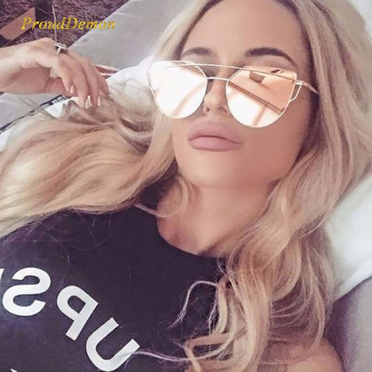Cat Eye Vintage značkový dizajnér ružové zlato zrkadlové slnečné okuliare pre ženy kovové reflexné ploché šošovky slnečné okuliare dámske okuláre