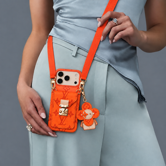 Orange Monogram Crossbody iPhone Case with Pocket and Charm
