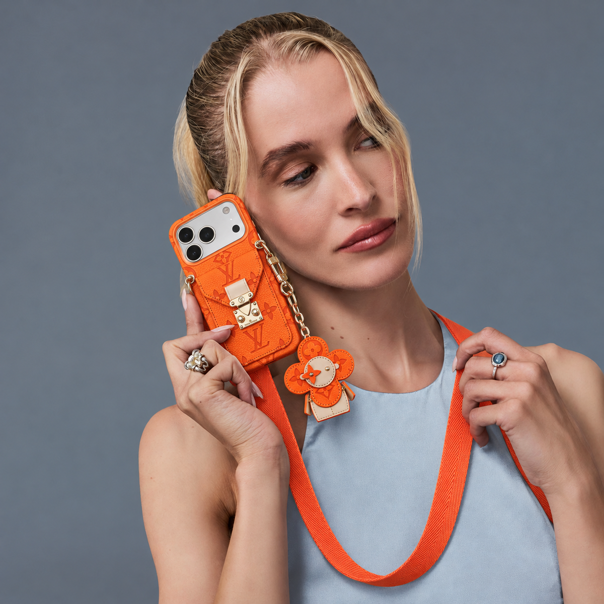 Orange Monogram Crossbody iPhone Case with Pocket and Charm