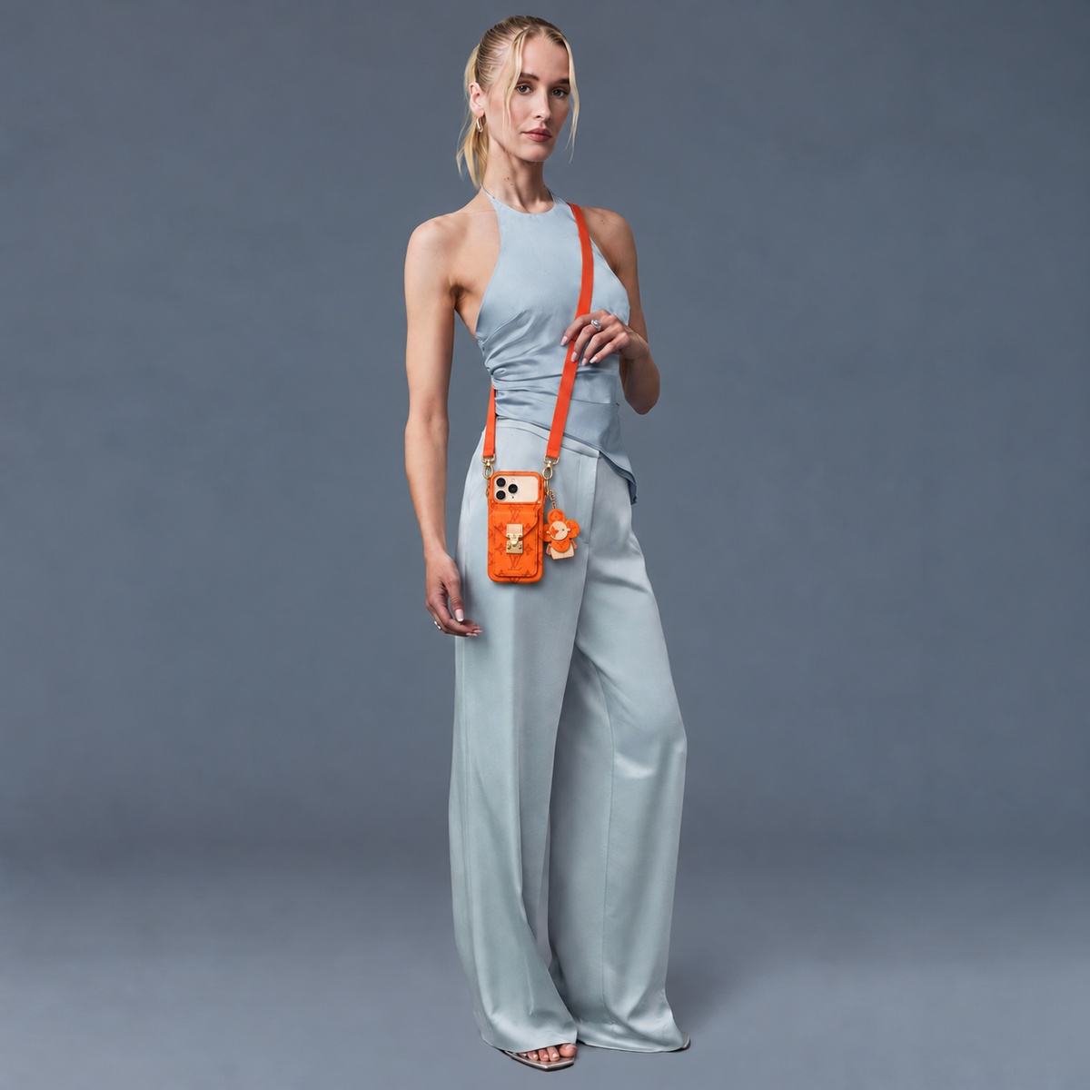 Orange Monogram Crossbody iPhone Case with Pocket and Charm