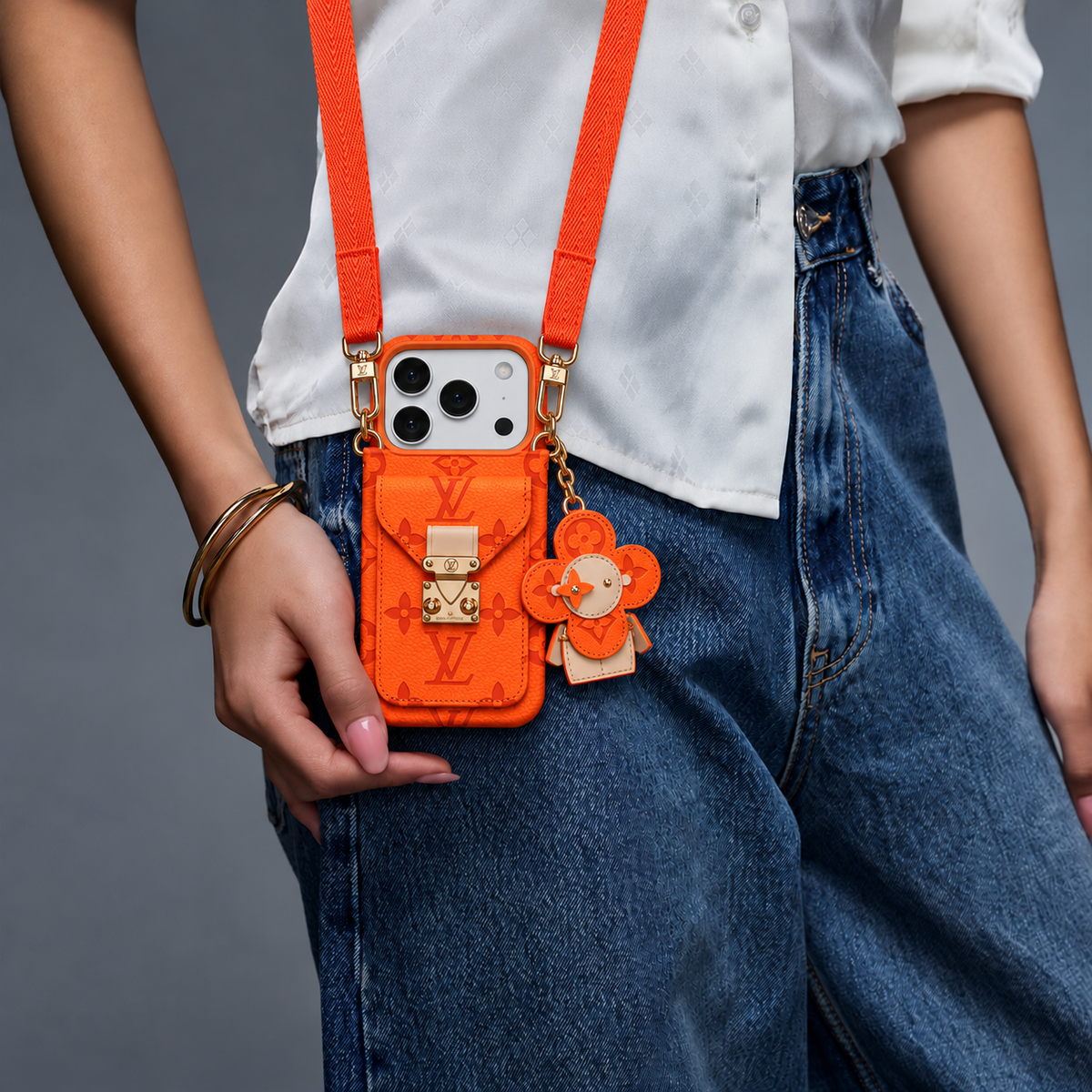Orange Monogram Crossbody iPhone Case with Pocket and Charm