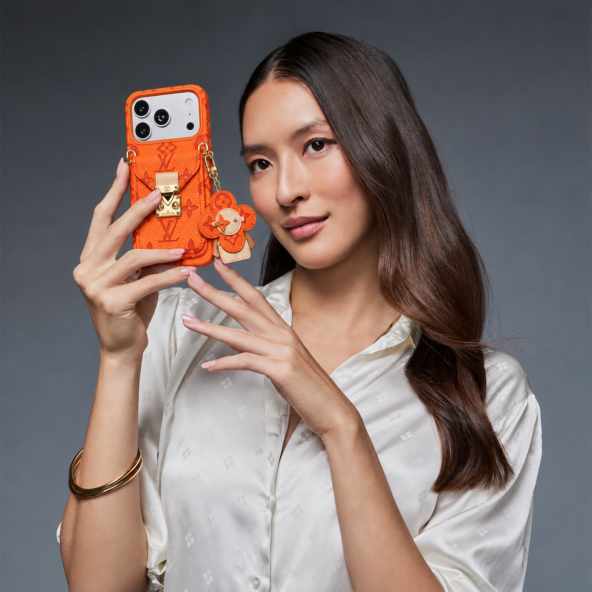 Orange Monogram Crossbody iPhone Case with Pocket and Charm