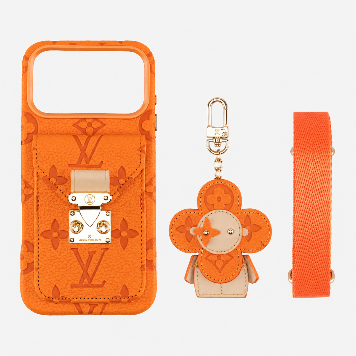 Orange Monogram Crossbody iPhone Case with Pocket and Charm